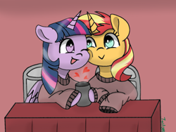 Size: 1200x900 | Tagged: safe, artist:twiliset, derpibooru import, sunset shimmer, twilight sparkle, twilight sparkle (alicorn), alicorn, pony, unicorn, equestria girls, chair, cheek nuzzle, cheek to cheek, clothes, cup, cute, female, heart, lesbian, looking at each other, shipping, smiling, smiling at each other, sunsetsparkle, sweater, table, touching face, wood