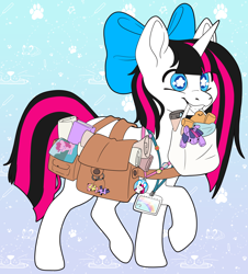 Size: 3708x4096 | Tagged: safe, artist:cutepencilcase, derpibooru import, fluttershy, pinkie pie, twilight sparkle, oc, pony, unicorn, badge, bag, bow, hair bow, happy, mouth hold, plushie, saddle bag, scroll, smiling, solo, starry eyes, walking, wingding eyes