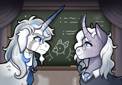 Size: 920x640 | Tagged: safe, artist:lastnight-light, derpibooru import, oc, oc only, oc:brightburn, oc:calamus, pony, unicorn, chalkboard, glasses, male, stallion