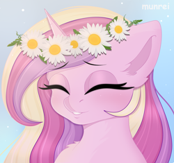 Size: 1686x1583 | Tagged: safe, artist:munrei, derpibooru import, princess cadance, canterlot wedding 10th anniversary, blushing, bust, eyes closed, floral head wreath, flower, horn, portrait, simple background, smiling