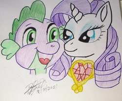 Size: 795x657 | Tagged: safe, artist:creativejoy79, derpibooru import, rarity, spike, female, male, shipping, sparity, straight, traditional art