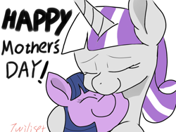 Size: 1200x900 | Tagged: safe, artist:twiliset, derpibooru import, twilight sparkle, twilight sparkle (alicorn), twilight velvet, alicorn, pony, unicorn, female, happy, hug, mare, mother and child, mother and daughter, mother's day, parent and child, smiling