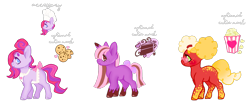 Size: 2000x831 | Tagged: safe, artist:adopdee, artist:vernorexia, derpibooru import, butter pop, oc, earth pony, food pony, original species, pony, unicorn, g3, adoptable, adoptable open, afro, afro puffs, apron, auction, body markings, bow, butter pop (g3), cake, candy, chef's hat, chocolate chipper, chocolate delight, clothes, coat markings, colored hooves, cookie, dessert, eyeshadow, food, freckles, glasses, hair bun, half updo, hat, makeup, ponified, popcorn, redesign, simple background, spots, spotted, straight mane, sunglasses, tail, tail bow, transparent background, trio