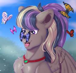 Size: 4268x4094 | Tagged: safe, artist:creed larsen, derpibooru import, oc, butterfly, pegasus, pony, bust, commission, medallion, portrait, smiling, solo, wings, ych result