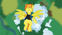 Size: 768x432 | Tagged: safe, artist:captainhoers, artist:tolerance, derpibooru import, spitfire, pegasus, pony, clothes, cloud, firestarter spitfire, flying, jacket, rainbow falls (location), solo, spitfire's day off, wonderbolts jacket