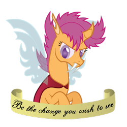 Size: 768x768 | Tagged: safe, artist:tolerance, derpibooru import, scootaloo, changeling, changelingified, scootaling, simple background, solo, species swap, text, transparent background