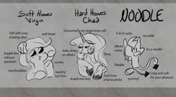 Size: 1280x706 | Tagged: safe, artist:crowneprince, derpibooru import, earth pony, pony, unicorn, blushing, dot eyes, ear fluff, ears, female, grayscale, hooves, hooves debate, lidded eyes, mare, monochrome, noodle arms, open mouth, smiling, trio