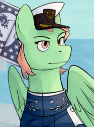 Size: 520x700 | Tagged: safe, artist:bunnyshrubby, derpibooru import, oc, oc only, pegasus, pony, equestria at war mod, bust, clothes, female, flag, folded wings, hat, mare, military, military uniform, orange eyes, orange mane, pegasus oc, pony oc, portrait, solo, uniform, wings