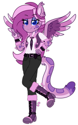Size: 1250x2011 | Tagged: safe, artist:lupulrafinat, derpibooru import, oc, oc only, oc:wild dawn, anthro, hybrid, equestria girls, boots, clothes, female, hand on hip, necktie, pants, peace sign, ponied up, shoes, simple background, solo, transparent background