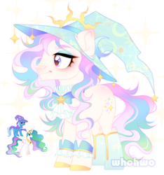 Size: 2367x2532 | Tagged: safe, artist:whohwo, derpibooru import, princess celestia, trixie, oc, alicorn, earth pony, pony, unicorn, base used, boots, earth pony oc, eyelashes, fusion, hat, hoof polish, makeup, male, shoes, stallion, witch hat