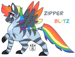 Size: 1604x1222 | Tagged: safe, artist:poppln, derpibooru import, oc, oc only, hybrid, zony, colored hooves, grin, magical lesbian spawn, multicolored hair, offspring, parent:rainbow dash, parent:zecora, rainbow hair, simple background, smiling, solo, transparent background, zebrasus