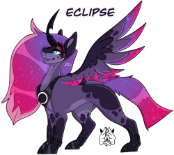 Size: 1636x1456 | Tagged: safe, artist:poppln, derpibooru import, oc, oc only, oc:eclipse, alicorn, pony, alicorn oc, curved horn, ethereal mane, female, horn, magical lesbian spawn, mare, offspring, parent:princess luna, parent:tempest shadow, parents:tempestluna, peytral, simple background, smiling, solo, starry mane, transparent background, wings