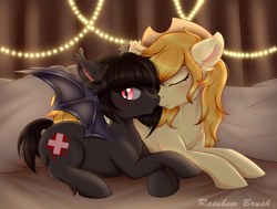 Size: 4900x3700 | Tagged: safe, artist:rainbow brush, derpibooru import, oc, oc:blood bank, oc:golden delicious, bat pony, earth pony, cowboy hat, cute, cutie mark, female, hat, lesbian, medic, snuggling, streets of chicolt: a totally legitimate business venture