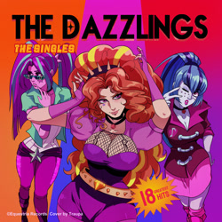 Size: 1447x1447 | Tagged: safe, artist:traupa, derpibooru import, adagio dazzle, aria blaze, sonata dusk, equestria girls, rainbow rocks, adagiazonga dazzle, anime style, breasts, cleavage, clothes, freckles, one eye closed, the dazzlings