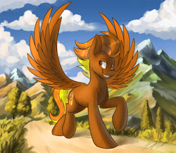 Size: 2896x2516 | Tagged: safe, artist:kaylerustone, derpibooru import, oc, oc only, oc:windflyer, pony, background, cloud, hooves up, looking back, male, mountain, smiling, spread wings, stallion, wings