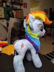 Size: 1536x2048 | Tagged: safe, artist:top plush, derpibooru import, rainbow dash, pegasus, pony, butt hold, cleaver, context in description, context is for the weak, female, mare, no tail, photo, plushie, side view, solo, standing, wingless