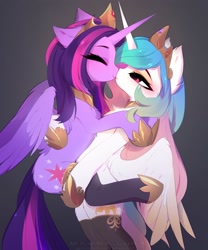 Size: 2497x3000 | Tagged: safe, artist:magnaluna, derpibooru import, princess celestia, twilight sparkle, twilight sparkle (alicorn), alicorn, pony, bipedal, boop, chest fluff, clothes, crown, eyes closed, female, gradient background, holding a pony, hoof shoes, jewelry, lesbian, looking at someone, mare, noseboop, regalia, shipping, simple background, smiling, stockings, thigh highs, twilestia