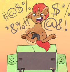 Size: 1972x2048 | Tagged: safe, artist:ponyfusk, derpibooru import, oc, oc:pixel grip, pony, unicorn, angry, censored vulgarity, controller, gaming, grawlixes, horn, implied elden ring, jumping, male, rage, television, unicorn oc