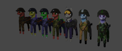 Size: 1050x443 | Tagged: safe, artist:markerlight, derpibooru import, oc, oc:wandering sunrise, bat pony, earth pony, equestria at war mod, 3d, assault rifle, belt, boots, camouflage, clothes, gun, hearts of iron 4, helmet, leather straps, line-up, medallion, model, red typhoon, rifle, shadowbolts, shoes, soldier, stalliongrad, uniform, weapon