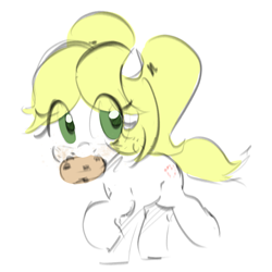 Size: 1731x1731 | Tagged: safe, artist:parfait, oc, oc only, oc:philia, earth pony, blonde, blonde mane, cookie, earth pony oc, female, filly, foal, green eyes, looking at you, pigtails, simple background, smiling, smiling at you, solo