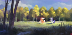 Size: 2053x1000 | Tagged: safe, alternate version, artist:ajvl, derpibooru import, applejack, rarity, female, forest, lesbian, rarijack, scenery, shipping, tree