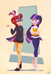 Size: 1400x2023 | Tagged: safe, alternate version, artist:ajvl, derpibooru import, moondancer, twilight sparkle, human, amending fences, book, clothes, duo, female, glasses, humanized, looking at each other, looking at someone, open mouth, pants, shirt, shoes, sweater