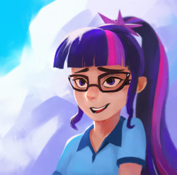 Size: 1500x1490 | Tagged: safe, artist:ajvl, derpibooru import, sci-twi, twilight sparkle, human, equestria girls, legend of everfree, clothes, female, glasses, human coloration, humanized, open mouth, ponytail, shirt, smiling, solo