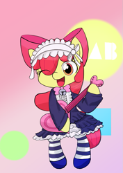 Size: 595x842 | Tagged: safe, artist:up_p_ab, derpibooru import, apple bloom, earth pony, pony, adorabloom, bell, bell collar, bipedal, clothes, collar, cute, eye clipping through hair, female, filly, foal, guitar, happy, heart, maid, musical instrument, one eye closed, simple background, socks, solo, stockings, striped socks, thigh highs, wink