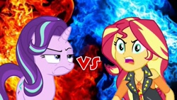 Size: 1280x720 | Tagged: safe, derpibooru import, starlight glimmer, sunset shimmer, better together, equestria girls, forgotten friendship, school raze, angry, duel, sunset vs starlight, vs