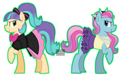 Size: 3860x2432 | Tagged: safe, artist:queertrixie, derpibooru import, pixel pizazz, violet blurr, earth pony, pony, clothes, duo, duo female, equestria girls ponified, female, mare, outline, ponified, simple background, transparent background