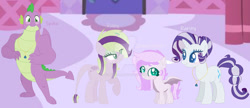 Size: 1280x555 | Tagged: safe, artist:teafor2-d, derpibooru import, rarity, spike, oc, oc:jewel heart, oc:ruby, dracony, hybrid, pony, unicorn, base used, carousel boutique, deviantart watermark, family, female, filly, foal, gigachad spike, interspecies offspring, male, mare, obtrusive watermark, offspring, older, older spike, parent:rarity, parent:spike, parents:sparity, shipping, sparity, straight, watermark