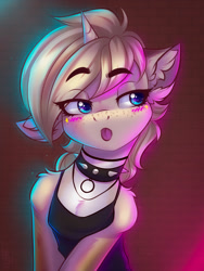 Size: 1200x1600 | Tagged: safe, artist:falafeljake, derpibooru import, oc, oc only, pony, unicorn, blushing, choker, clothes, collar, eye clipping through hair, eyebrows, eyebrows visible through hair, spiked collar, tanktop, teasing, tongue, tongue out