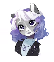 Size: 1332x1524 | Tagged: safe, artist:fedos, derpibooru import, oc, oc only, earth pony, pony, blaze (coat marking), clothes, coat markings, facial markings, female, jacket, jewelry, leather jacket, necklace, simple background, solo, star of david, sweater, white background