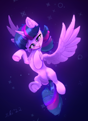 Size: 1920x2638 | Tagged: safe, artist:xbi, derpibooru import, twilight sparkle, twilight sparkle (alicorn), alicorn, pony, abstract background, female, flying, gradient background, looking at you, mare, solo