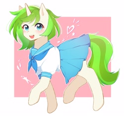 Size: 3200x3000 | Tagged: safe, anonymous artist, derpibooru import, oc, oc only, oc:vinyl mix, pony, unicorn, abstract background, clothes, female, heart, looking at you, pleated skirt, sailor uniform, skirt, smiling, solo, uniform