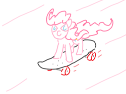 Size: 1200x900 | Tagged: safe, artist:purblehoers, derpibooru import, pinkie pie, earth pony, pony, confident, doodle, fast, female, mare, motion lines, ms paint, simple background, skateboard, solo, white background, windswept mane