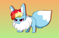 Size: 5856x3784 | Tagged: safe, artist:kittyrosie, derpibooru import, part of a set, rainbow dash, >:3, blushing, chest fluff, cute, cuteness overload, dashabetes, ear fluff, ears, eevee, gradient background, kittyrosie is trying to murder us, open mouth, open smile, pokefied, pokémon, simple background, smiling, species swap, sweet dreams fuel, weapons-grade cute