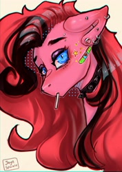 Size: 2894x4093 | Tagged: safe, artist:jaynsparkle, derpibooru import, pinkie pie, earth pony, pony, alternate hairstyle, bandaid, candy, choker, chromatic aberration, ear piercing, emo, eyebrow piercing, female, food, hair dye, lollipop, looking at you, nose piercing, nose ring, piercing, spiked choker