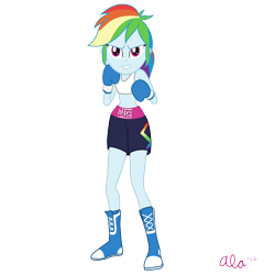 Size: 2000x2000 | Tagged: safe, artist:alamarus, derpibooru import, rainbow dash, equestria girls, boots, boxing, boxing gloves, boxing shorts, clothes, female, grin, looking at you, shoes, signature, simple background, smiling, smiling at you, solo, sports, sports bra, transparent background, vector