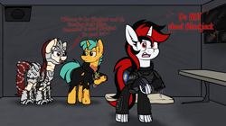 Size: 3296x1842 | Tagged: safe, artist:aaathebap, derpibooru import, snails, oc, oc:blackjack, oc:rampage, ghoul, undead, unicorn, fallout equestria, fallout equestria: project horizons, armor, cyber legs, fallout, fanfic art, figurine, funny, missing limb, prosthetic leg, prosthetic limb, prosthetics, swat, text