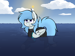 Size: 3000x2250 | Tagged: safe, artist:aaathebap, derpibooru import, oc, oc:coral streak, pegasus, cute, diving suit, ocean, sky, swimming, water