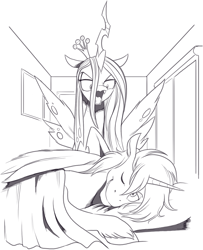 Size: 1371x1685 | Tagged: safe, artist:nauyaco, derpibooru import, queen chrysalis, oc, oc:mark wells, alicorn, changeling, changeling queen, pony, fanfic:off the mark, alicorn oc, female, horn, male, monochrome, stallion, wings