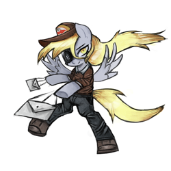 Size: 1200x1200 | Tagged: safe, artist:menalia, derpibooru import, derpy hooves, pegasus, pony, cap, clothes, danganronpa, eyepatch, hat, letter, mail, pants, shoes, simple background, sweater, white background