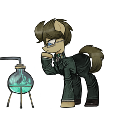 Size: 1200x1200 | Tagged: safe, artist:menalia, derpibooru import, doctor whooves, earth pony, pony, clothes, danganronpa, glasses, pants, shirt, shoes, simple background, suit, thinking, white background