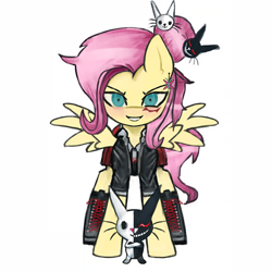 Size: 1200x1200 | Tagged: safe, artist:menalia, derpibooru import, angel bunny, fluttershy, pegasus, pony, clothes, danganronpa, necktie, ponytail, shoes, simple background, skirt, suit, white background, wings