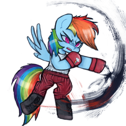 Size: 1200x1200 | Tagged: safe, artist:menalia, derpibooru import, rainbow dash, pegasus, pony, angry, boxing gloves, boxing shoes, clothes, danganronpa, pants, shoes, simple background, white background