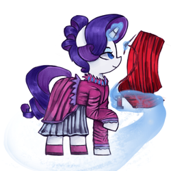 Size: 1200x1200 | Tagged: safe, artist:menalia, derpibooru import, rarity, pony, unicorn, clothes, danganronpa, dress, horn, magic, needle, shoes, simple background, white background