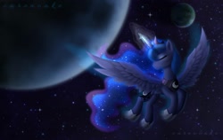Size: 1967x1243 | Tagged: safe, artist:carencake, derpibooru import, princess luna, alicorn, pony, eyes closed, female, mare, moon, motion blur, no mouth, planet, solo, space, spread wings, wings