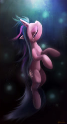 Size: 758x1400 | Tagged: safe, alternate version, artist:ajvl, derpibooru import, twilight sparkle, pony, unicorn, bubble, crepuscular rays, crying, eyes closed, female, flowing mane, horn, looking up, mare, solo, underwater, water