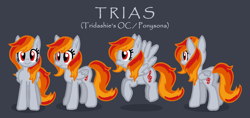 Size: 2750x1300 | Tagged: safe, artist:tridashie, derpibooru import, oc, oc only, oc:tridashie, pegasus, pony, butt, closed mouth, female oc, flying, gray background, multiple views, pegasus oc, plot, reference sheet, simple background, smiling, solo, standing